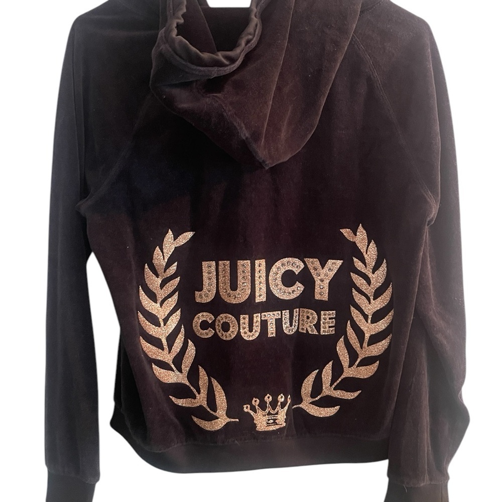 Juicy Couture Y2K Velour Full Zip Hoodie L Black Gold Crystal Studded Vintage - Picture 4 of 7